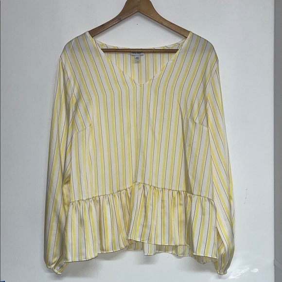Nine West Tops - Nine West Sz XXL Peplum Satin Blouse Yellow, Striped, Flowy, Business Casual